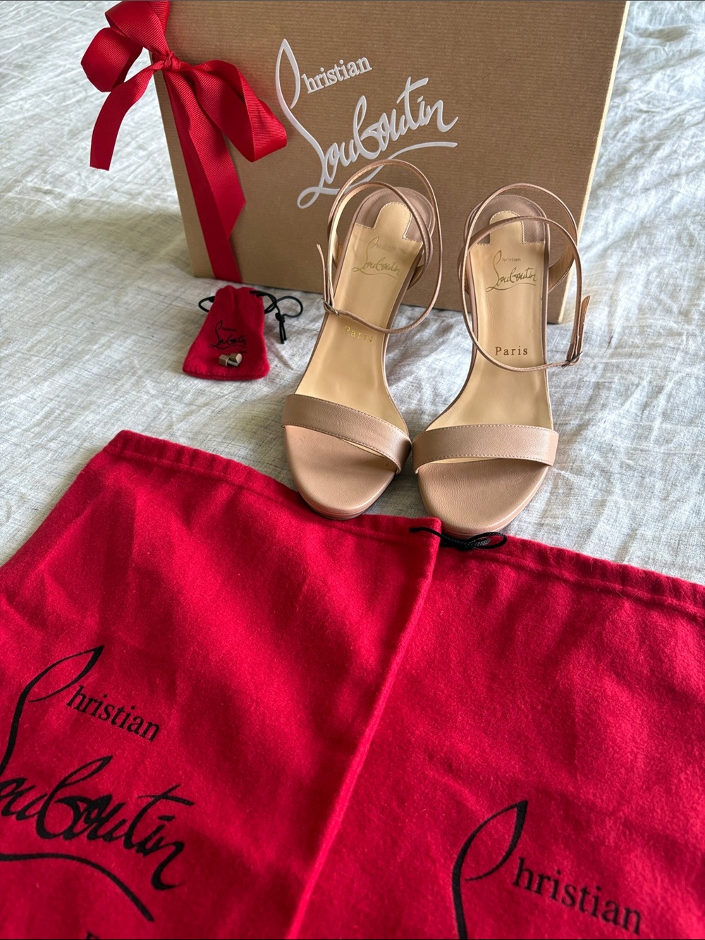 Christian Louboutin Nude Tan Patent Leather Strappy Stiletto Sandals